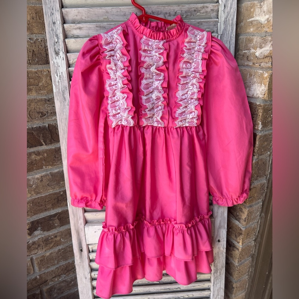 Jill Lynn Vintage Pink Taffeta Girls Dress Lace Ruffle 6X.